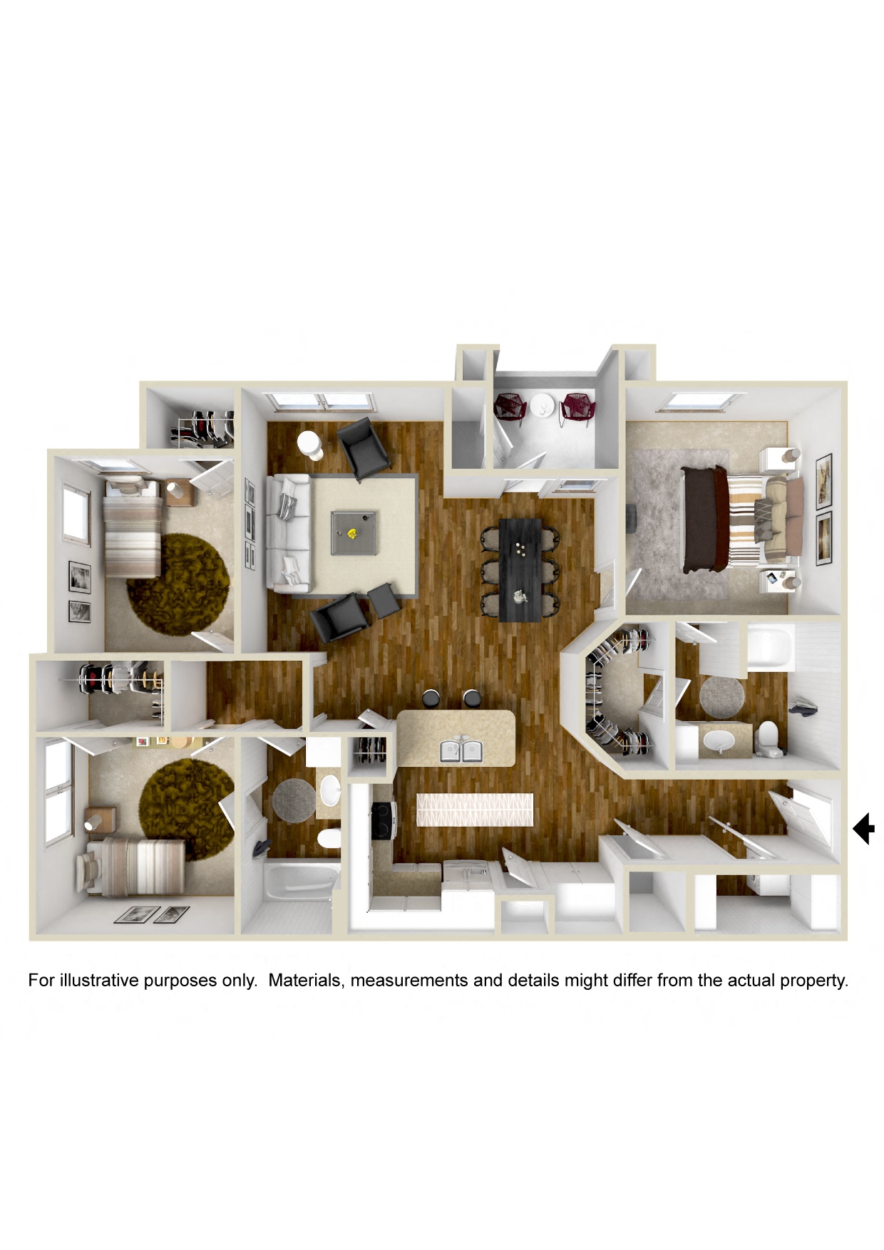 Floor plan for 3 beds, 2 baths, 1310 sqft